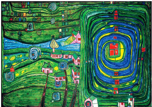 Austrian artist Friedensreich Hundertwasser (1928-2000) used bright colours and organic forms to express a reconciliation of humans with nature, notions that echo this year’s World Food Day theme. Image courtesy of the Hundertwasser Foundation.